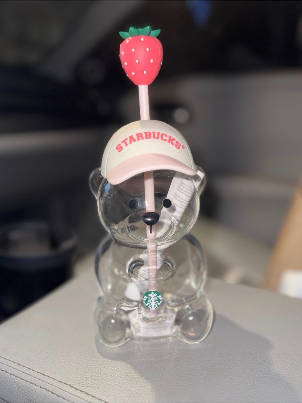 Starbucks Clear Bear Bottle with Pink Straw and Strawberry Top
